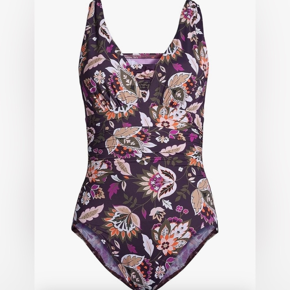 Lands' End -NEW-Womens Slender Suit Grecian 1 Piece Swimsuit BlackBerry Jacobean